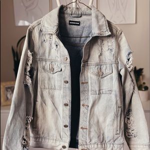 PRETTY LITTLE THING Distressed Light Wash Oversized Denim Jacket